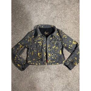 Johnny Blaze Flame Denim Gold Foil Splatter Crop Trucker Jacket Y2K reversible